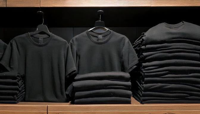 Firefly create a picture of black t-shirts, lying on a shelf in a store, with black surroundings 975